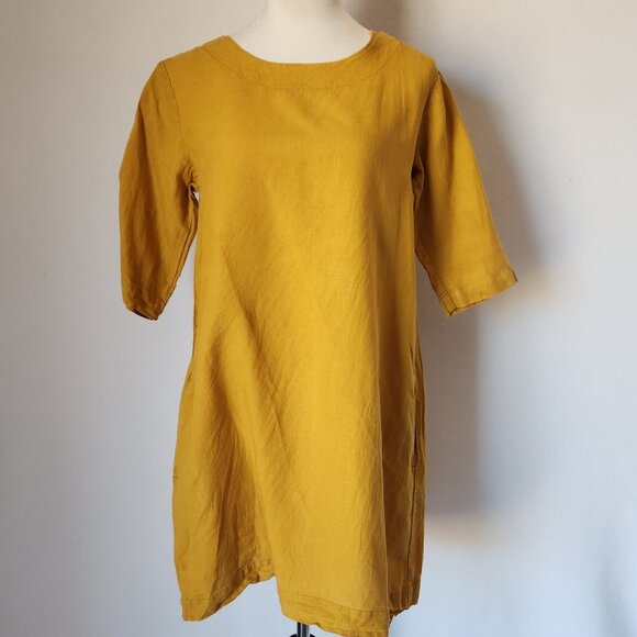 LO Len Ok 100% Linen Lagenlook Mini Shift Dress Half Sleeve Pocket Yellow - Picture 3 of 7